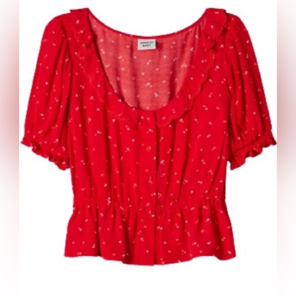 Aritzia Sunday Best Taryn Red with Pink/White Hearts Print Blouse EUC - Picture 2 of 13